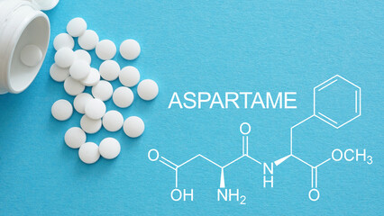 Aspartame artificial sweetener sugar substitute is shown using the text