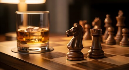 Knight and Rook chess pieces on board with whiskey glass symbolizing strategic thinking and relaxation