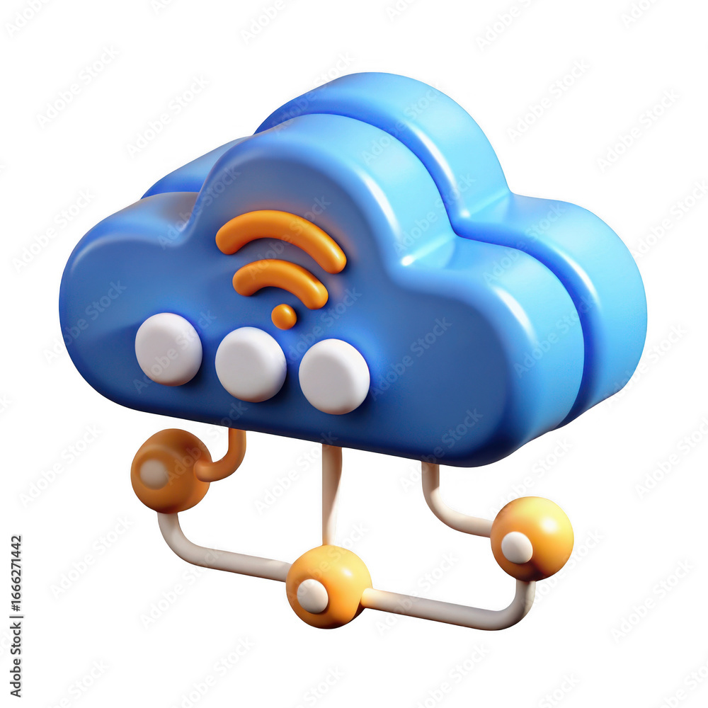 Poster blue 3d cloud with wi fi symbol and network connections isolated on transparent background