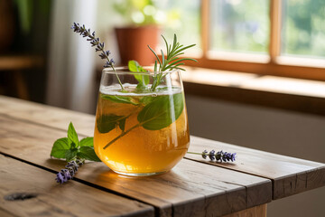 High resolution photo of herbal kombucha with lavender sprigs, fresh mint, basil, rosemary, golden fizzy liquid in clear glass, wooden table background, eco lifestyle concept