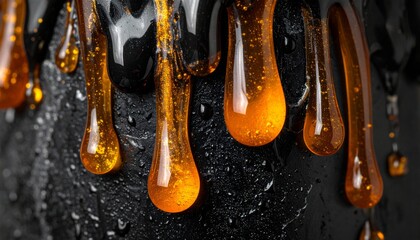 Close Up Amber Liquid Dripping Over Dark Texture Surface Creates Abstract Pattern