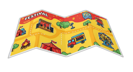 Cartoon festival map illustration showing various attractions and amenities on yellow ground