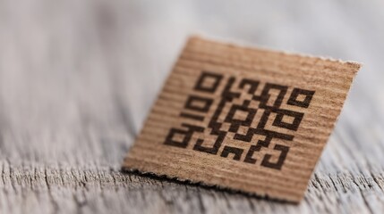 A piece of cardboard with a QR code printed on it sits on a wooden surface