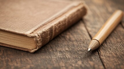An aged book with worn leather cover rests beside a wooden pen on a rustic wooden surface