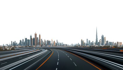 highway with city skyline in the background, on a white transparent background, in png format