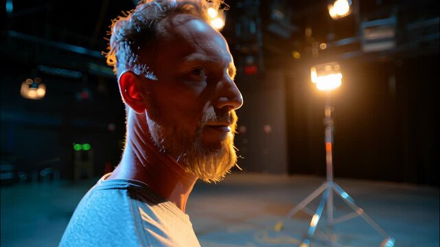 Professional actor sitting with his back to the camera during movie shooting in a professional studio with softboxes video 4k