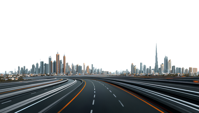  highway with city skyline in the background, on a white transparent background, in png format 