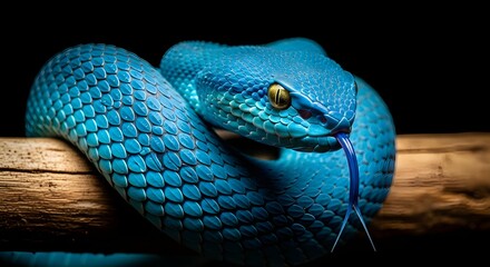 Obraz premium Close-up Portrait of a Vibrant Blue Viper Coiled on a Branch, Showcasing Iridescent Sapphire Scales, Golden Eyes, and a Flicking Tongue Against a Black Background.