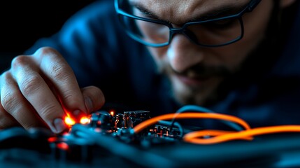 A focused technician meticulously examines and repairs a circuit board, showcasing intricate electronic components and glowing lights