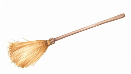 Straw Broom with Wooden Handle on White Background for Cleaning and Sweeping