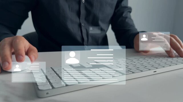 Human resource manager checks CV online to choose perfect employee for his business work.	Online technology for simplifying human resources system management.