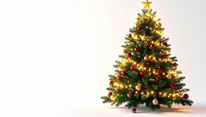 Fototapeta premium Decorated Christmas Tree with Red and Gold Ornaments and Glowing Lights on White Background