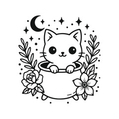 Fototapeta premium Cute halloween kitten sitting in cauldron with moon stars and floral decorations in kawaii black line art style