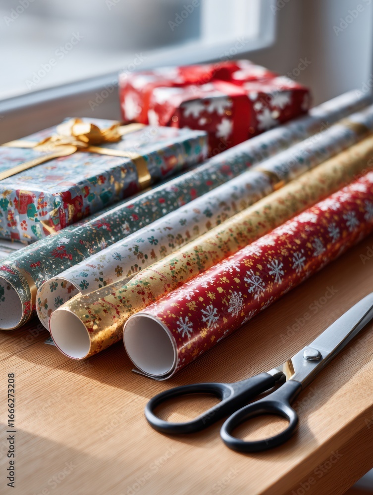 Poster preparing holiday presents with wrapping paper and scissors on a wooden table near a window in the a
