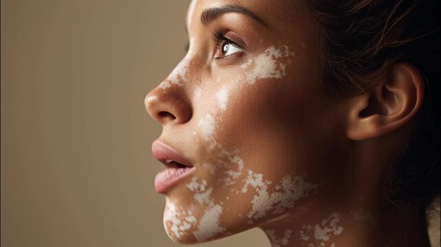 Young woman with vitiligo and displaying pigmentation differences, representing beauty diversity skin body positivity video 4k - Powered by Adobe