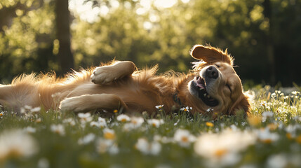 A dog happily rolling in the grass on a sunny day, surrounded by trees and wildflowers.
