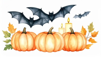 Festive Halloween Display with Pumpkins Bats Candles and Autumn Leaves