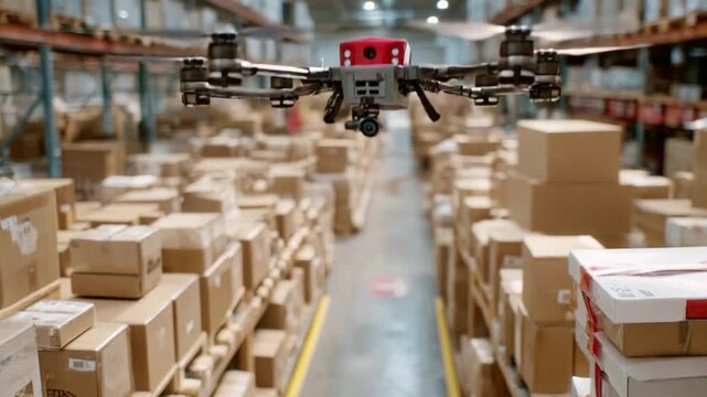 Autonomous Drone in Warehouse: A state-of-the-art autonomous drone navigates a bustling warehouse, efficiently inspecting inventory and optimizing operations in a dynamic storage environment.