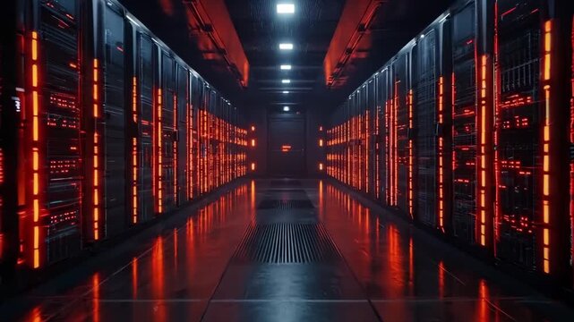 A long hallway in a server room with rows of servers