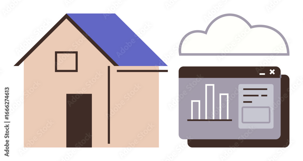 Poster house with blue roof beside cloud and browser window showing chart and data display. ideal for smart