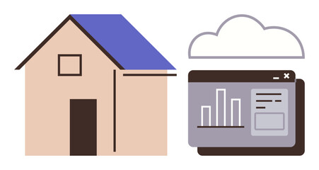 House with blue roof beside cloud and browser window showing chart and data display. Ideal for smart home, IoT, cloud storage, data analytics, technology, connectivity, energy monitoring. Simple flat