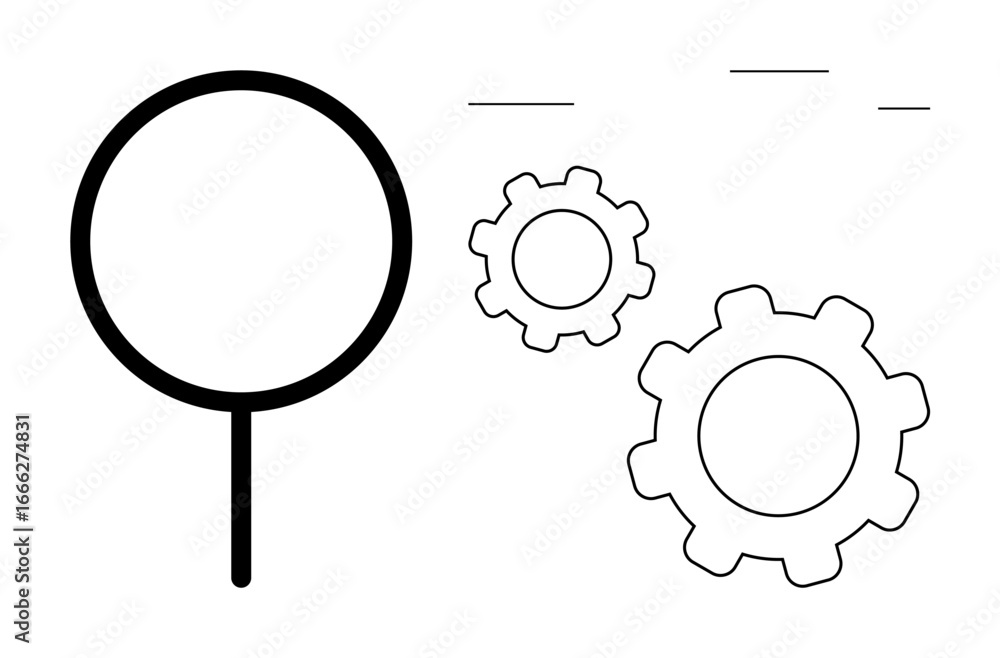 Poster magnifying glass focusing on two gears, symbolizing research, optimization, and system functionality