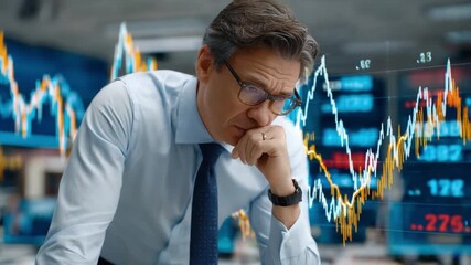 Navigating Financial Uncertainty: A focused individual studies charts, in a realistic depiction of economic decision-making.