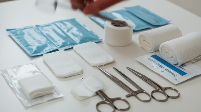 A hand reaches towards scissors on a white surface, surrounded by medical supplies gauze, bandages, and packaged sterile items