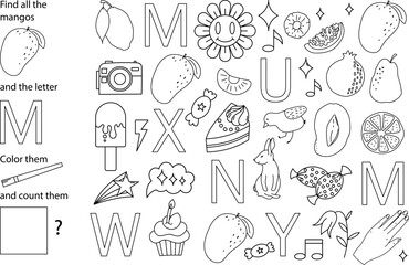Kids Find and Color Worksheet – Spot the Letter M and Mango Fruits Educational kids activity worksheet with a fun “find and color” puzzle. Perfect for preschool learning, alphabet practice, 