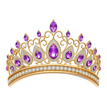 Elegant gold tiara with purple gemstones isolated on transparent background