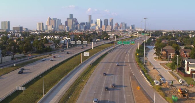 Drone shot of Houston Skyline and Freeway 288 in 4K