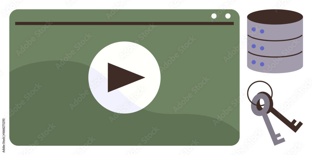 Aufkleber play button on green media player window, database server stack, and security keys. ideal for media 