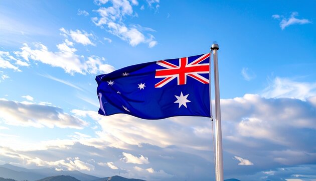 "Australian national flag waving proudly against a partly cloudy sky and distant mountains, showcasing the Union Jack, Commonwealth Star, and Southern Cross constellation."