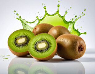 Fresh ripe kiwis with one cut in half showing vibrant green flesh, placed on reflective surface with splash of green juice behind. Concept of freshness, vitamins, and healthy nutrition.
