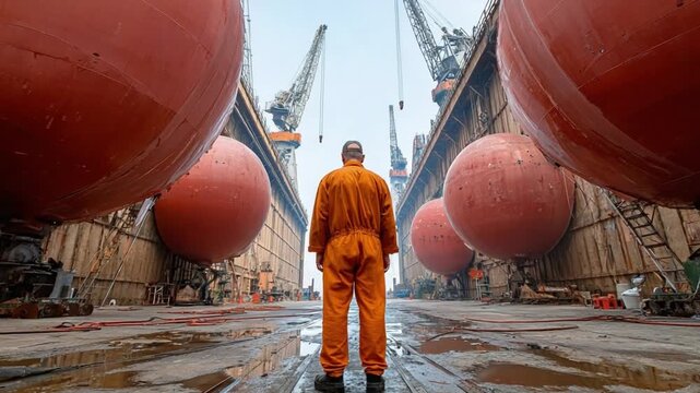 Maritime Worker Amidst the Industrial Giants: A lone maritime worker stands facing away, dwarfed by towering ships in a vast drydock, cranes, and industrial structures.