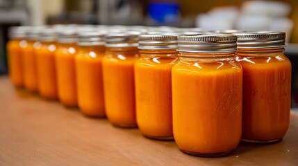 Mason Jars Filled with Vibrant Orange Liquid on a Wooden Surface