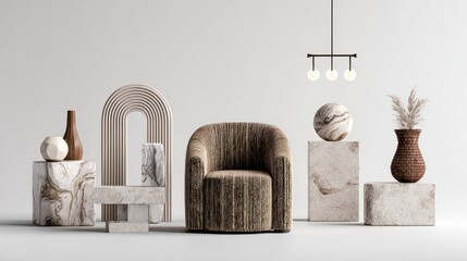 Modern Cozy Armchair with Decorative Vases and Lighting in Minimalist Interior