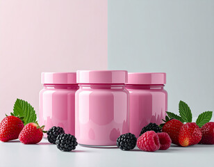Three pink jars with strawberries, raspberries, blackberries, and fresh mint leaves on a pastel background, symbolizing healthy food, natural ingredients, freshness, and organic lifestyle.