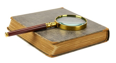Antique Book and Magnifying Glass Research History Mystery Investigation Detective Clues Vintage Education Knowledge Wisdom Learning Library Old Book