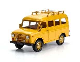 Yellow Vintage Minivan Toy Car Model, Detailed Design, Isolated Background.