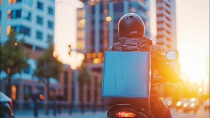 commuting delivery worker riding scooter along busy street, golden sunset silhouetting urban movement and modern Food lifestyle video 4k - Powered by Adobe