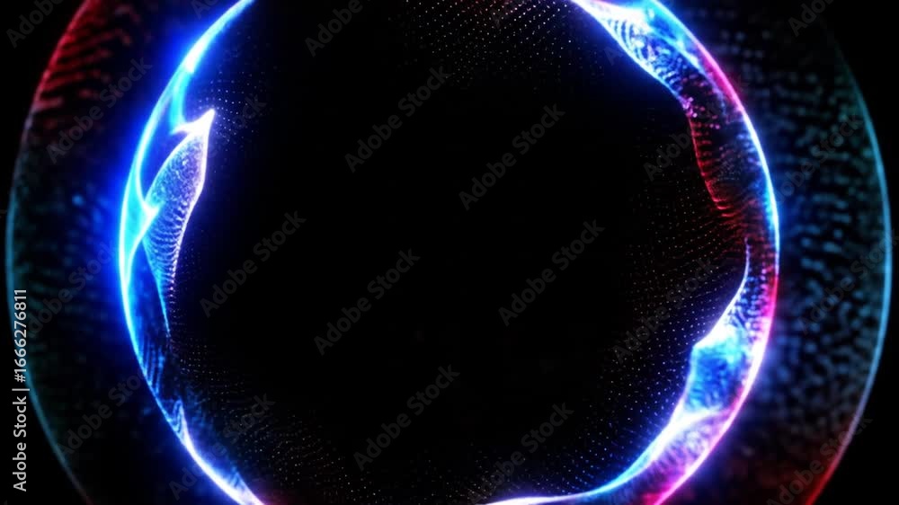 Aufkleber abstract glowing blue and red particle circle wave motion background on black geometric graphic with