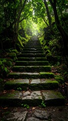 Moss-covered stone steps leading into a lush, green forest