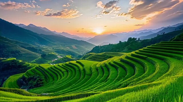 A view of a green rice field with mountains in the background