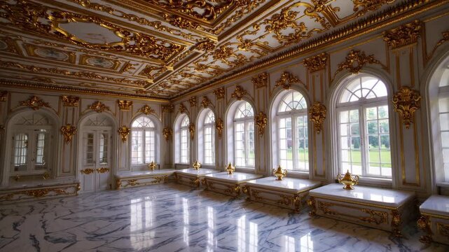 palatial room with ornate gold trim on a white and gray marble floor, with arched windows
