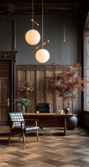 Rich, warm office interior with wood paneling, a dark desk, and mid-century chair. Two pendant lights hang above