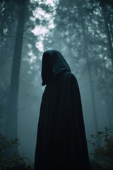 Creepy Mantle. Assassin in Black Hoodie Mantle in Mysterious Forest Mist. Horror Style Spooky Evil Atmosphere