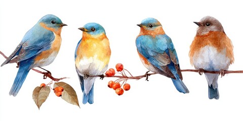 Fototapeta premium Cute Bluebird Collection: Back View of Rowan Berry Birds in Autumn Watercolor Painting