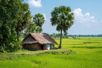 A small thatched hut nestled amidst lush green rice fields on a sunny day