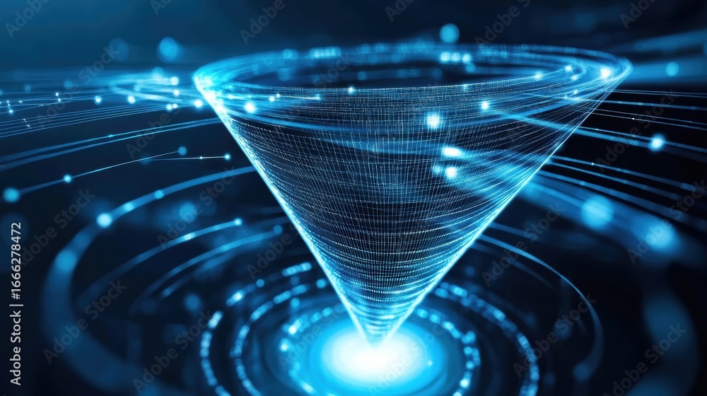Poster a digital graphic depicting a blue, swirling vortex composed of interconnected lines and dots, repre